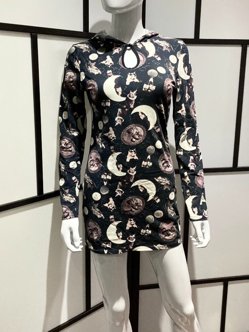 Jawbreaker Victorian Cats Bodycon Dress with Hood and Keyhole Neckline